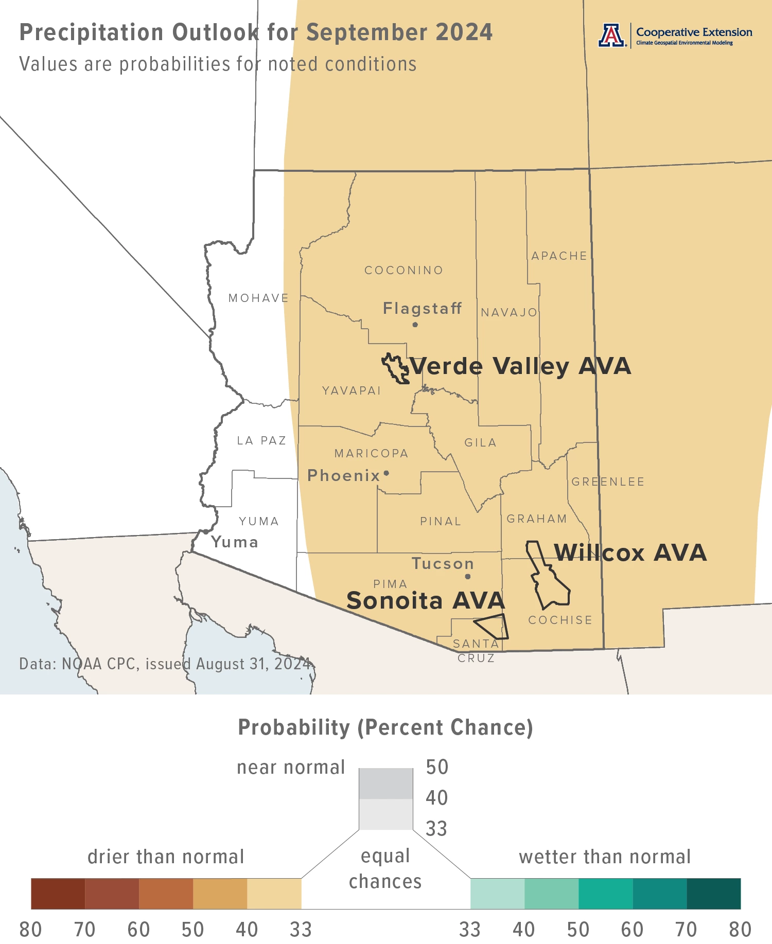 September 2024 precipitation outlook map for Arizona