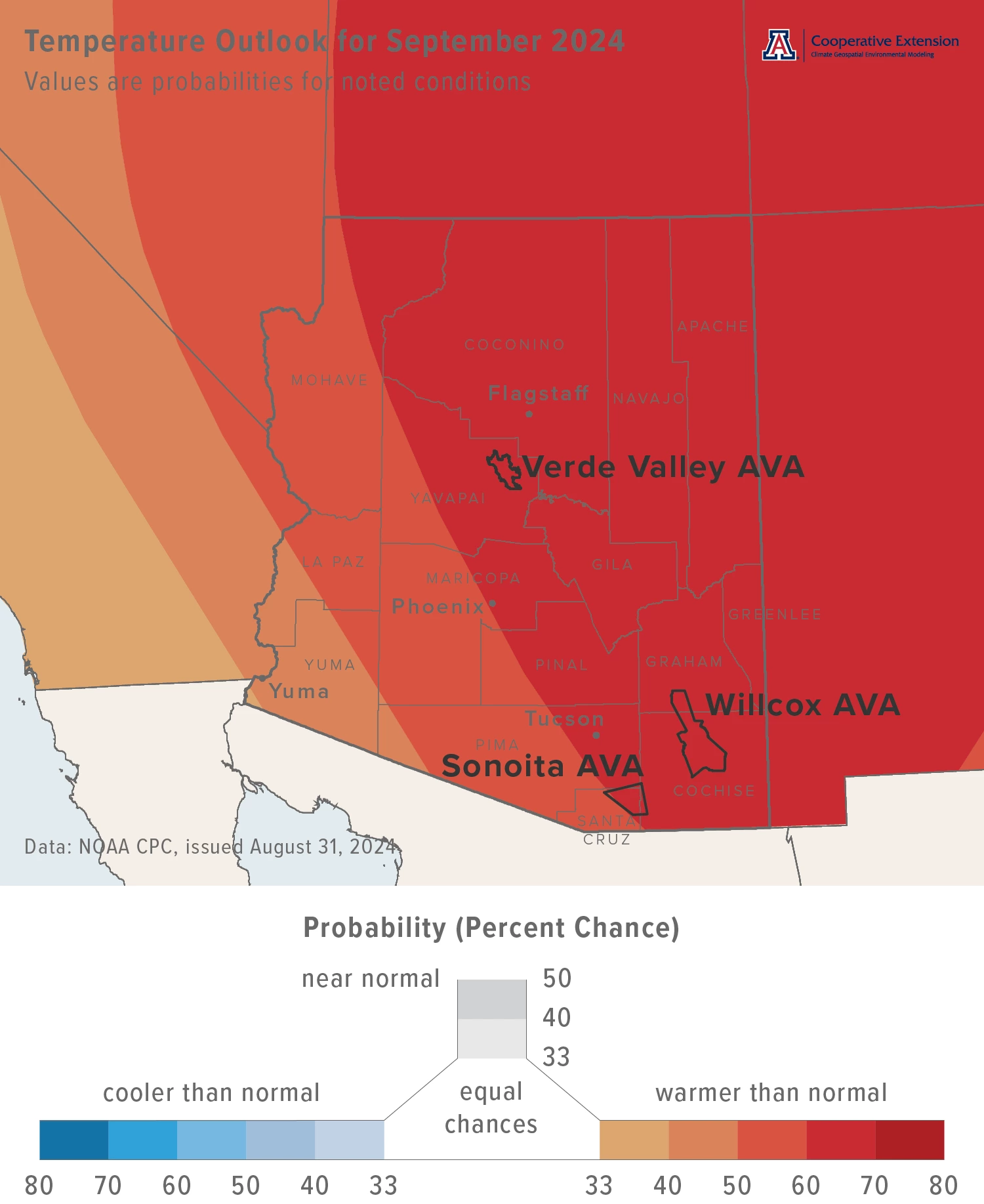 September 2024 temperature outlook map for Arizona