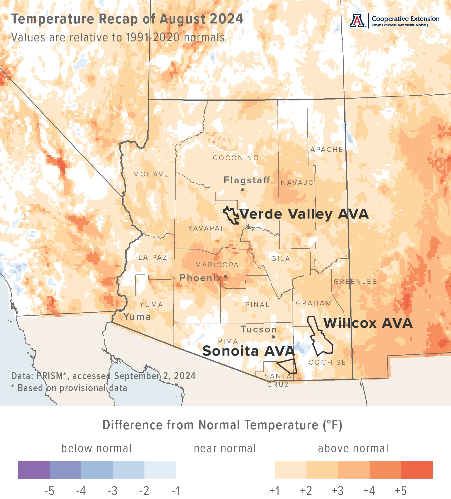 August 2024 temperature map for Arizona