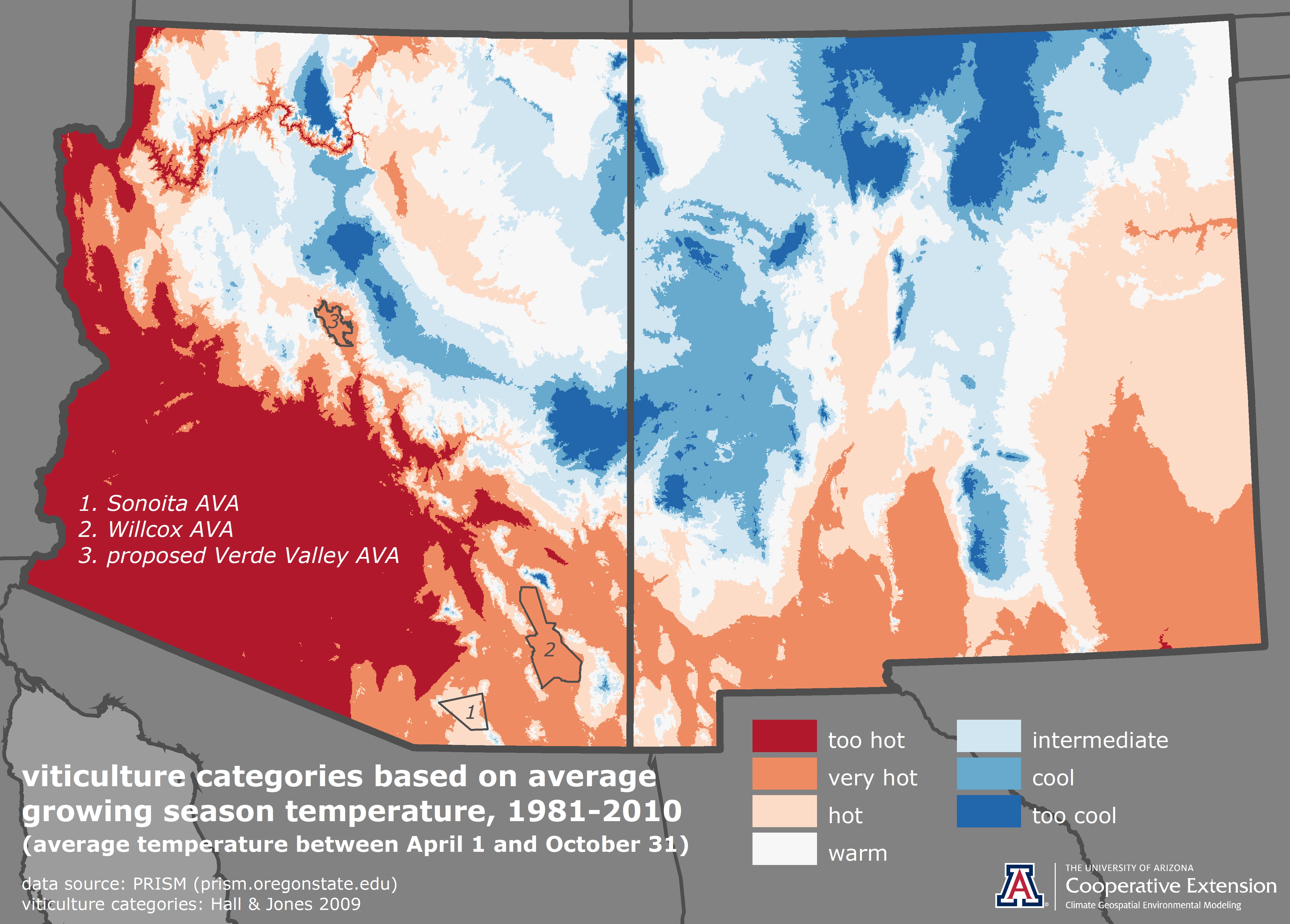 growing season temperature map for AZ and NM
