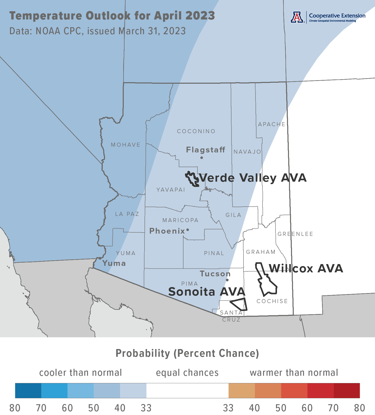April 2023 temperature outlook map for Arizona