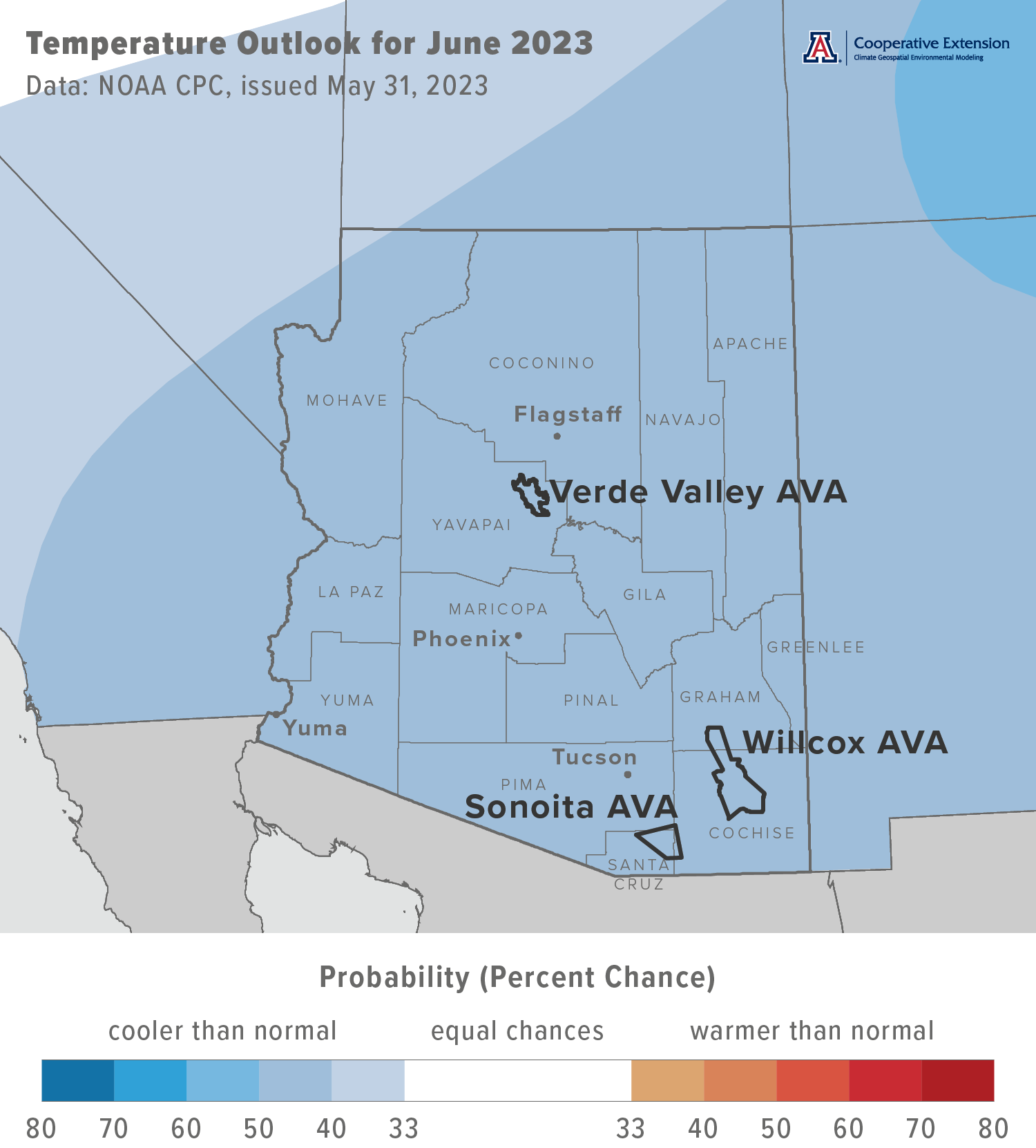 June 2023 temperature outlook map for Arizona