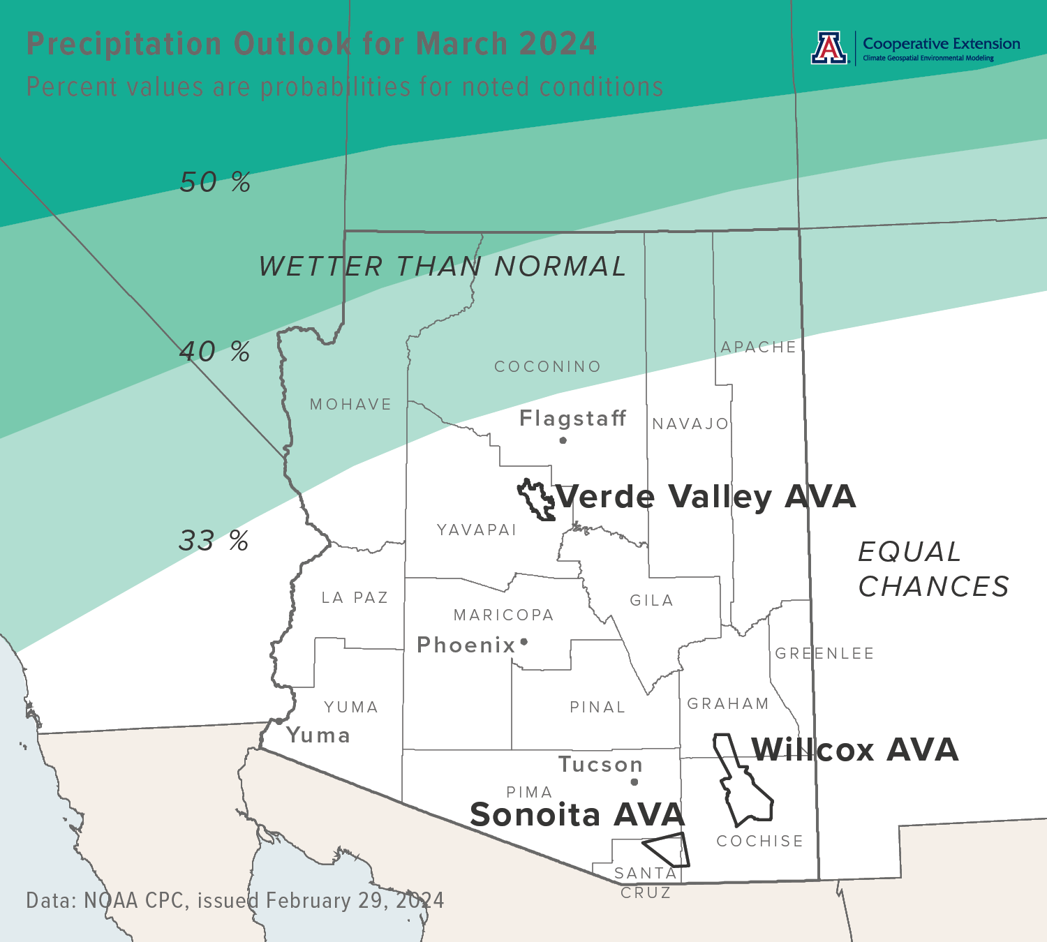 March 2024 precipitation outlook map for Arizona