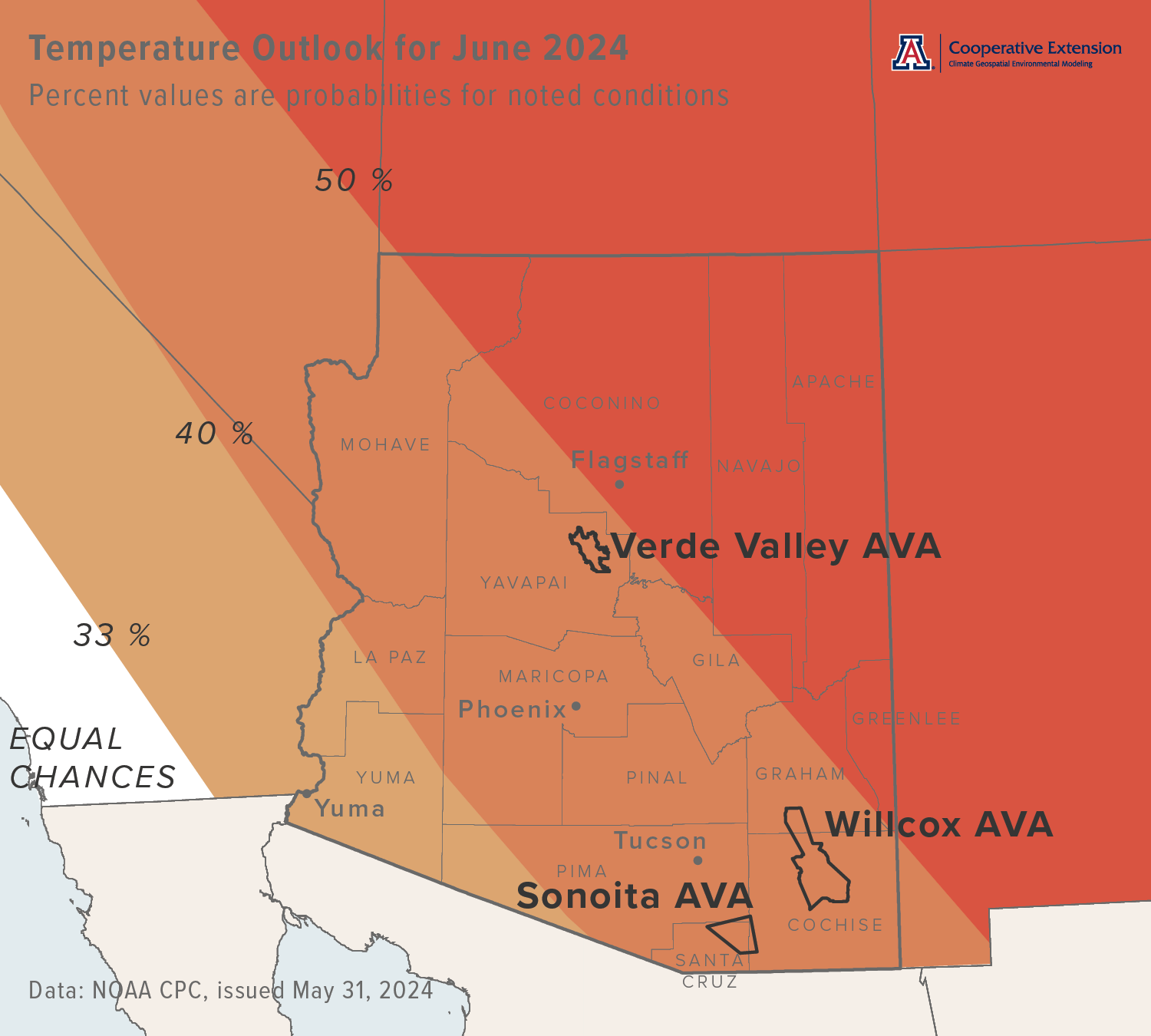 June 2024 temperature outlook map for Arizona