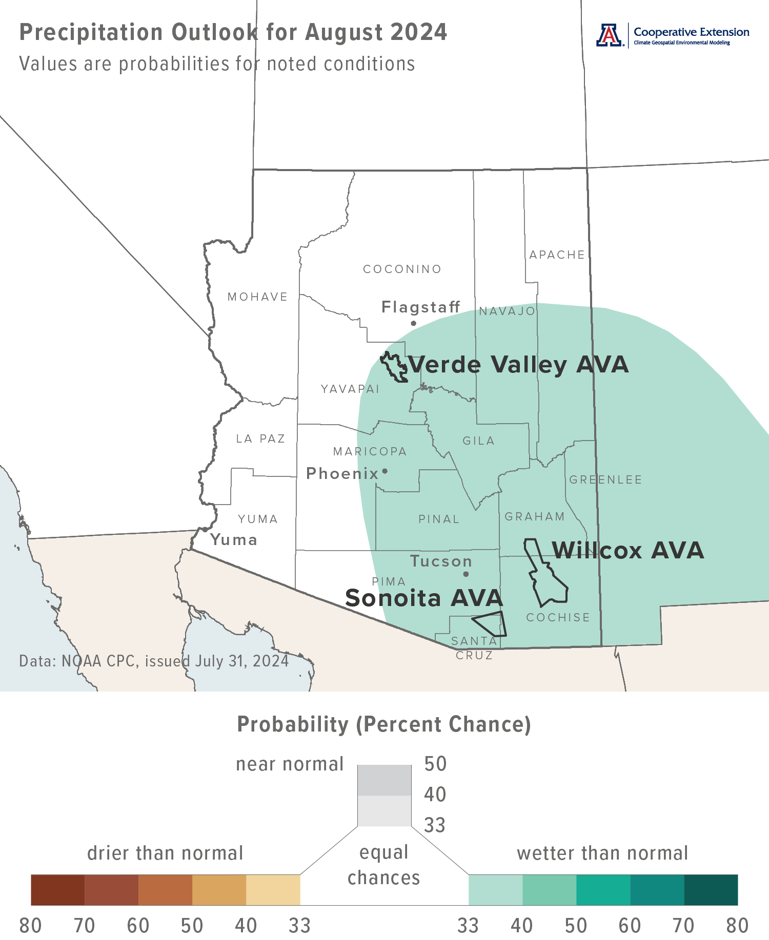 August 2024 precipitation outlook map for Arizona