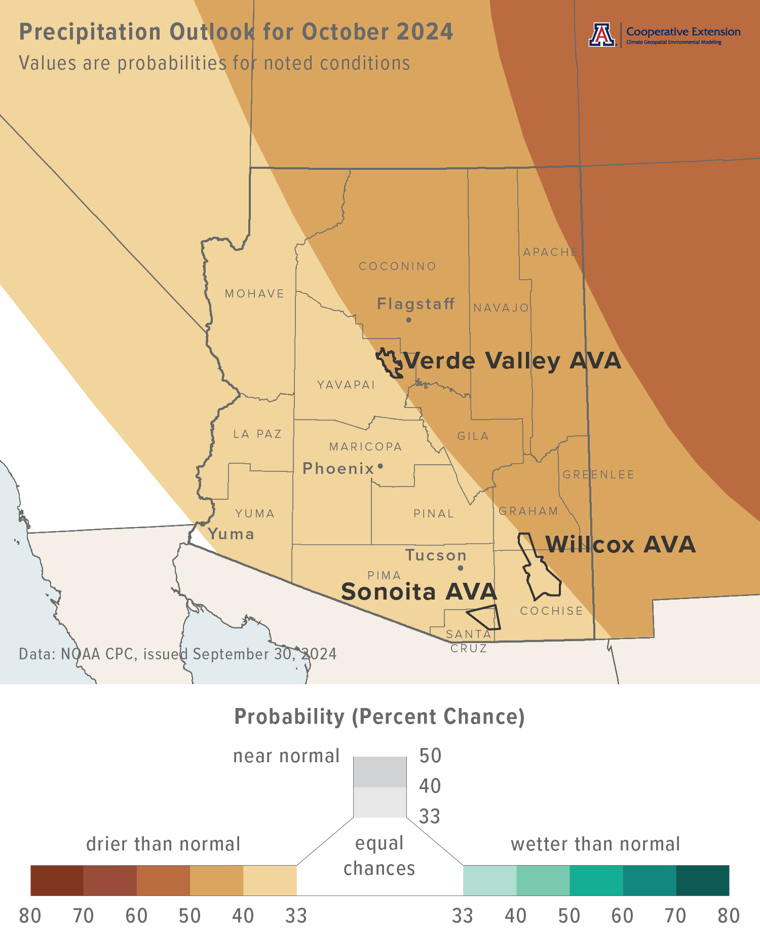 October 2024 precipitation outlook map for Arizona