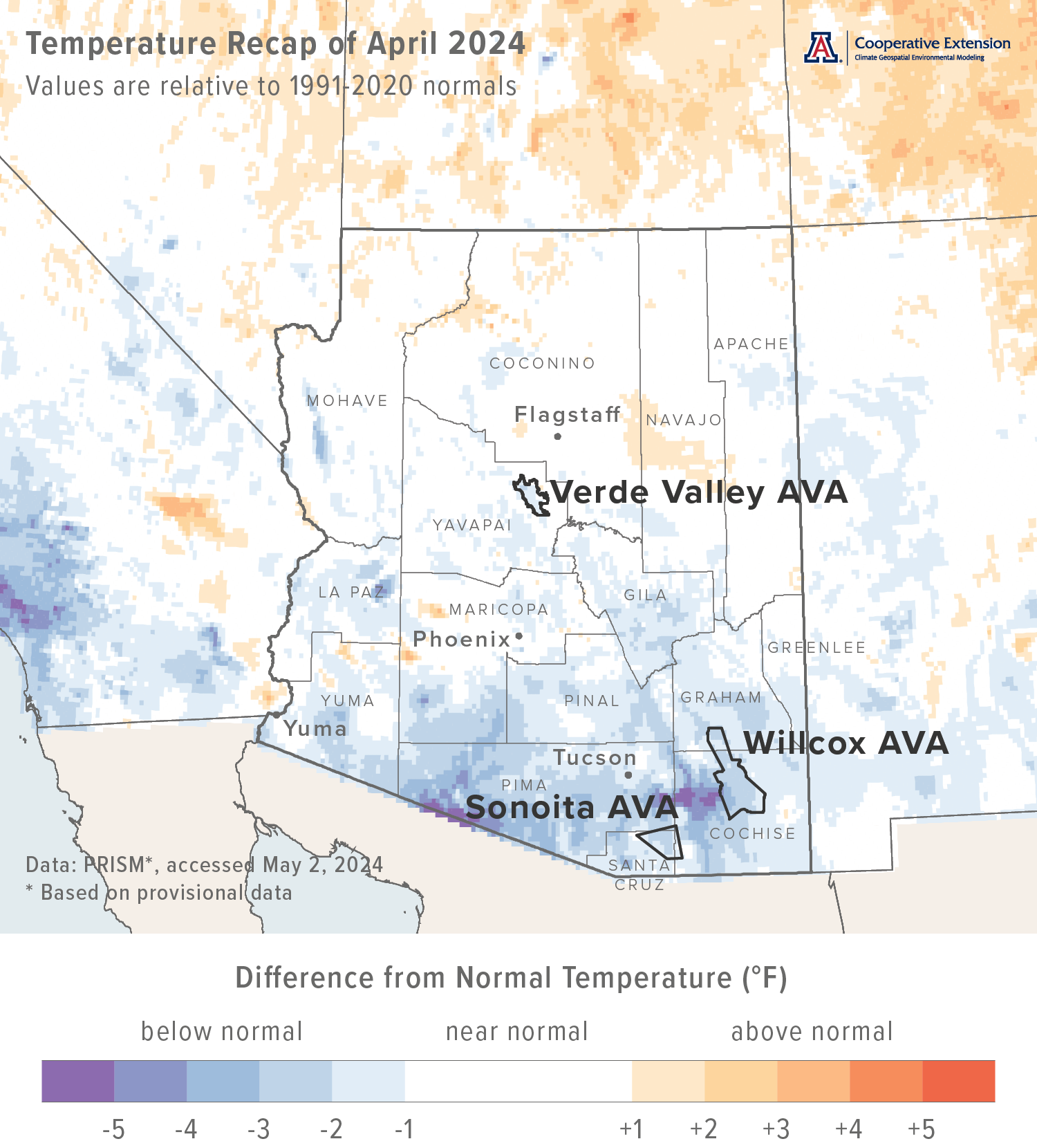 April 2024 temperature map for Arizona