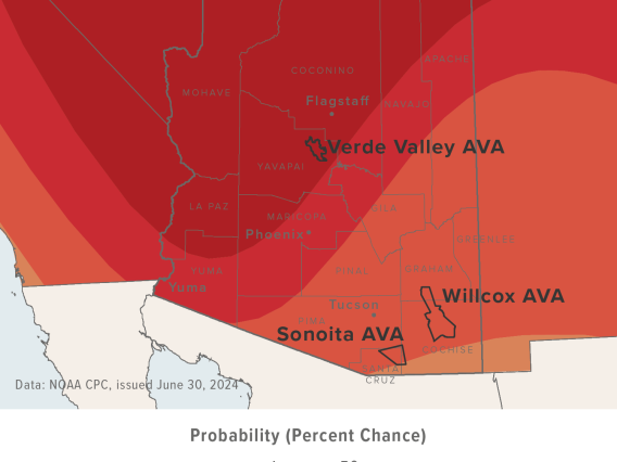 July 2024 temperature outlook map for Arizona
