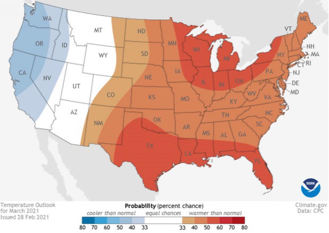 2021 March temperature outlook map