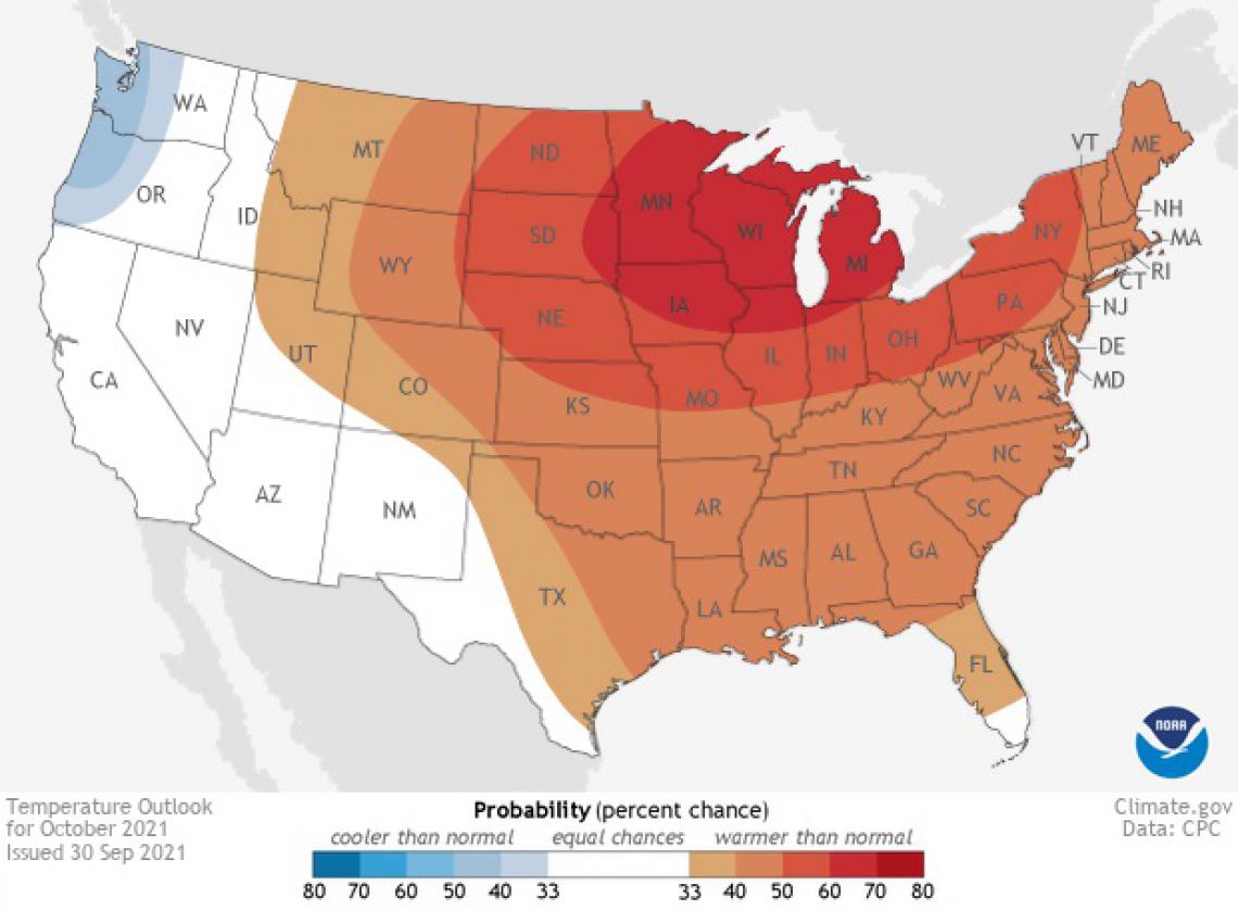 2021 October temperature outlook map