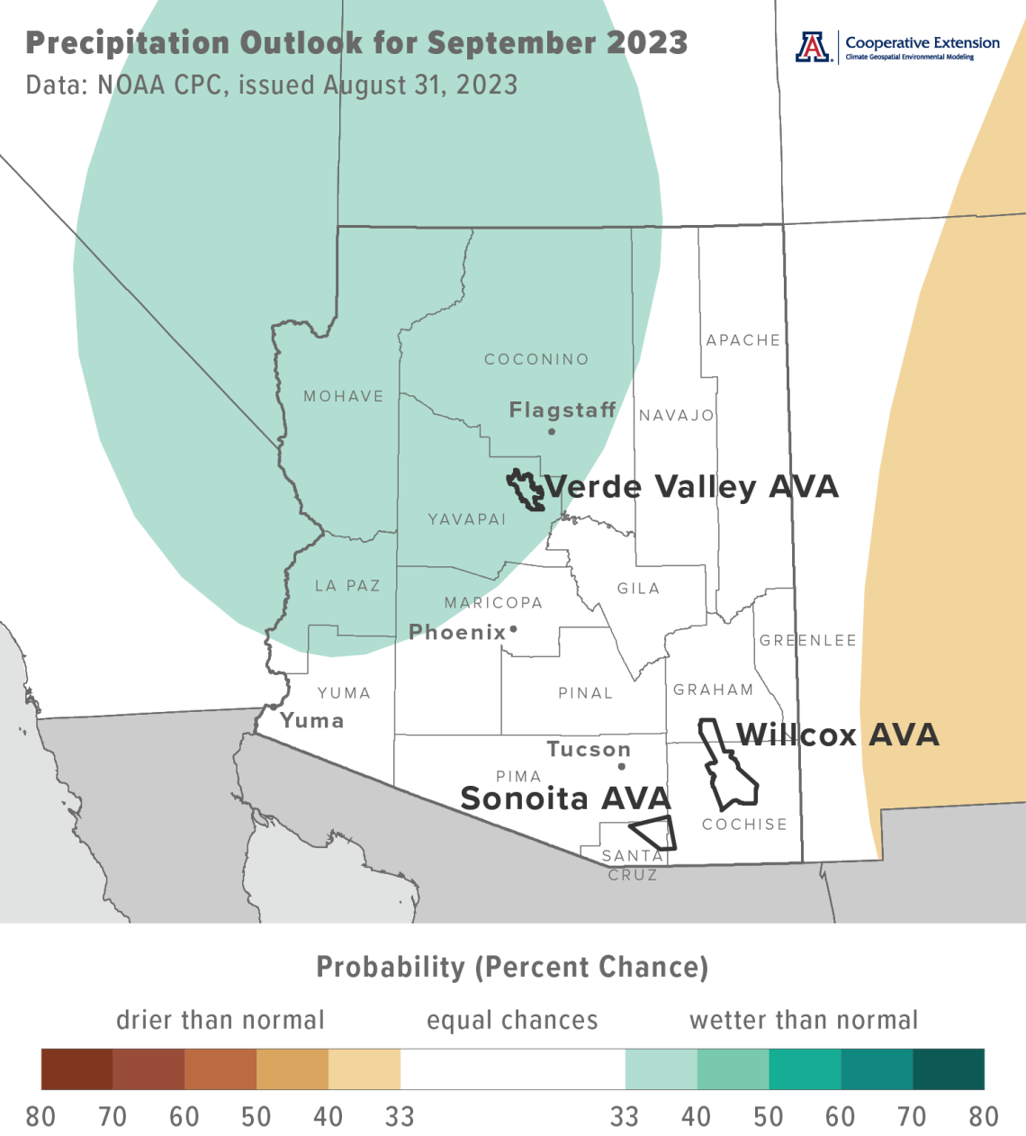 September 2023 precipitation outlook map for Arizona
