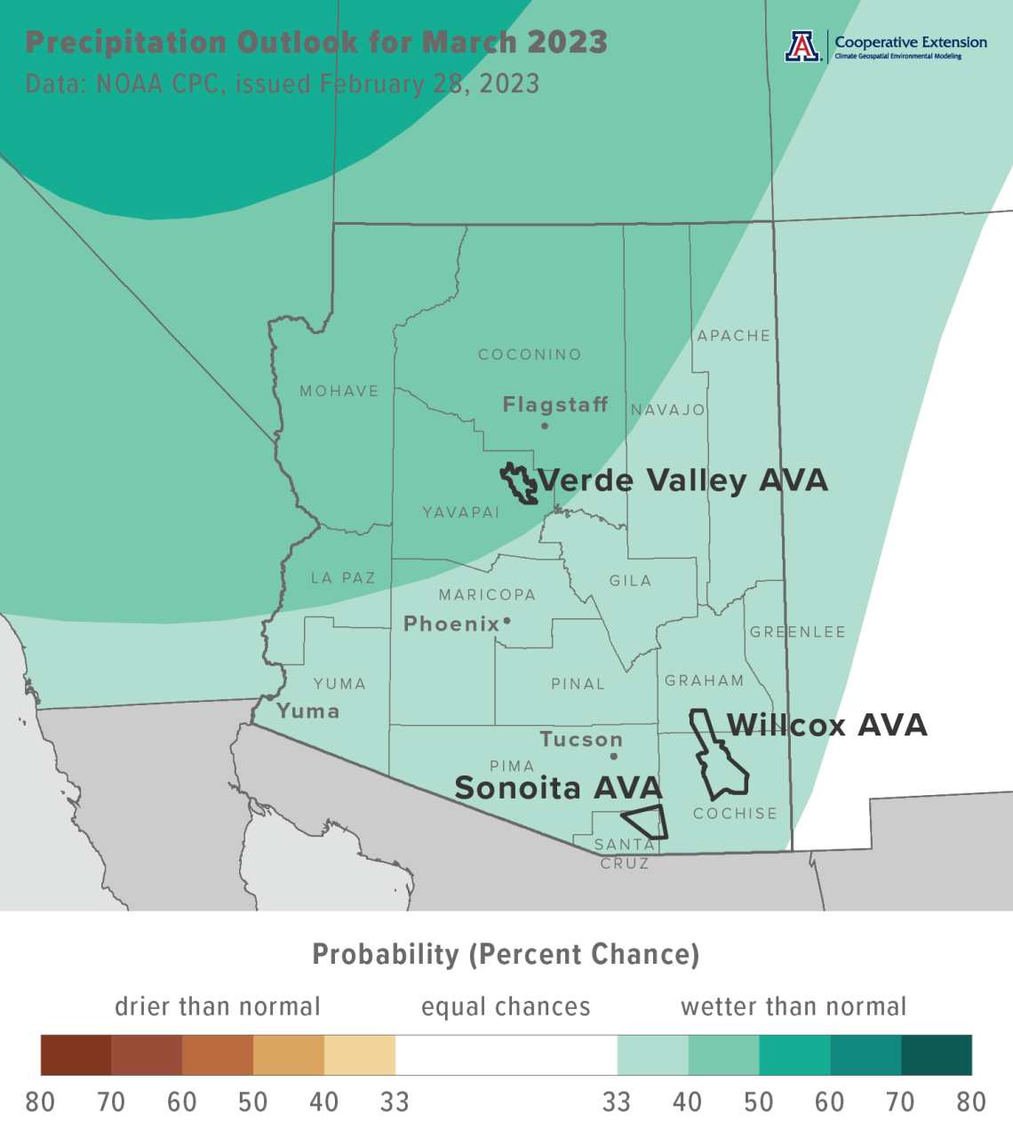 March 2023 precipitation outlook map for Arizona
