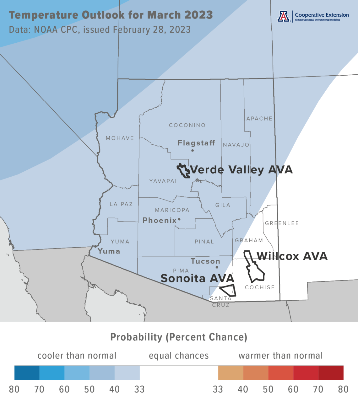March 2023 temperature outlook map for Arizona