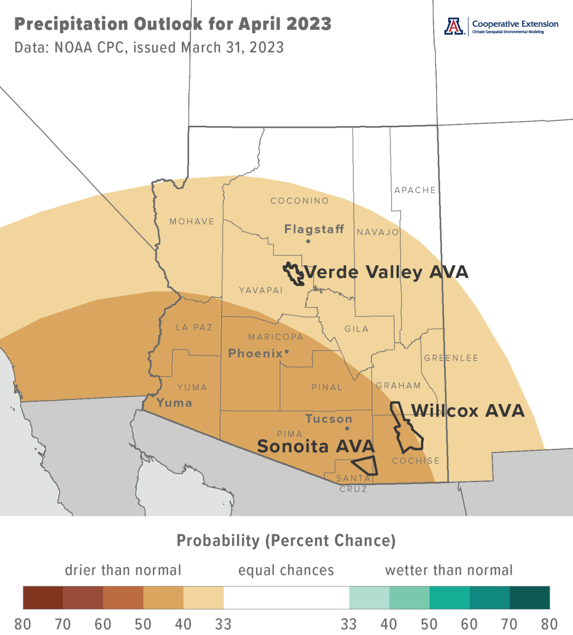 April 2023 precipitation outlook map for Arizona
