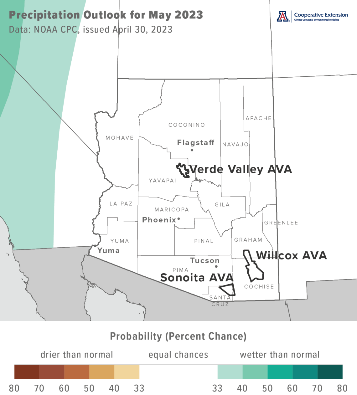 May 2023 precipitation outlook map for Arizona
