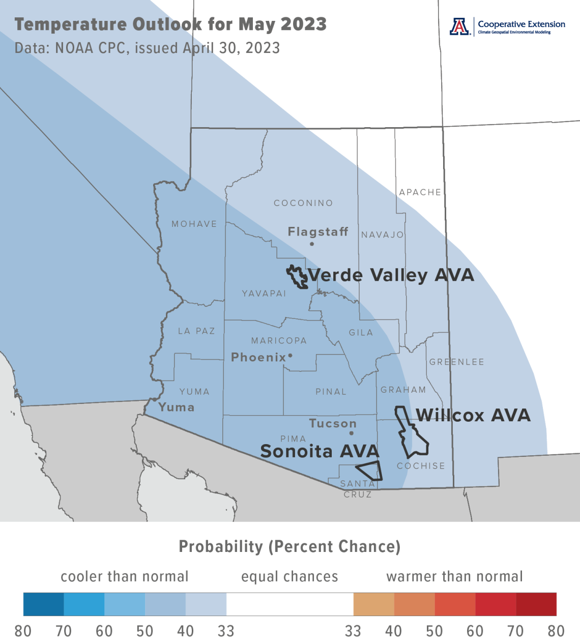 May 2023 temperature outlook map for Arizona