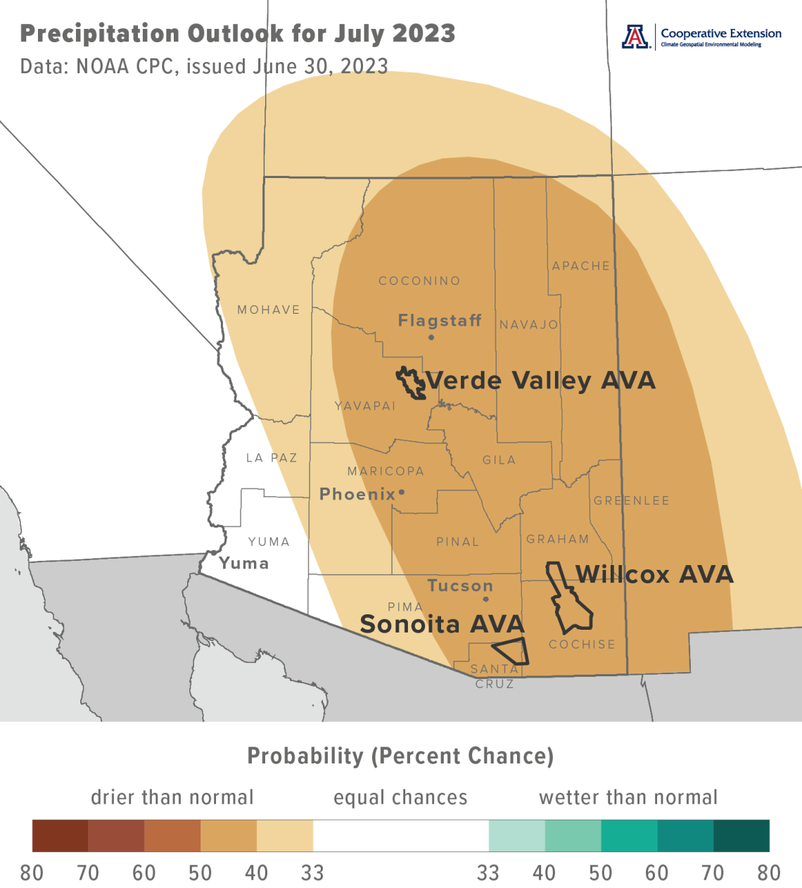 July 2023 precipitation outlook map for Arizona