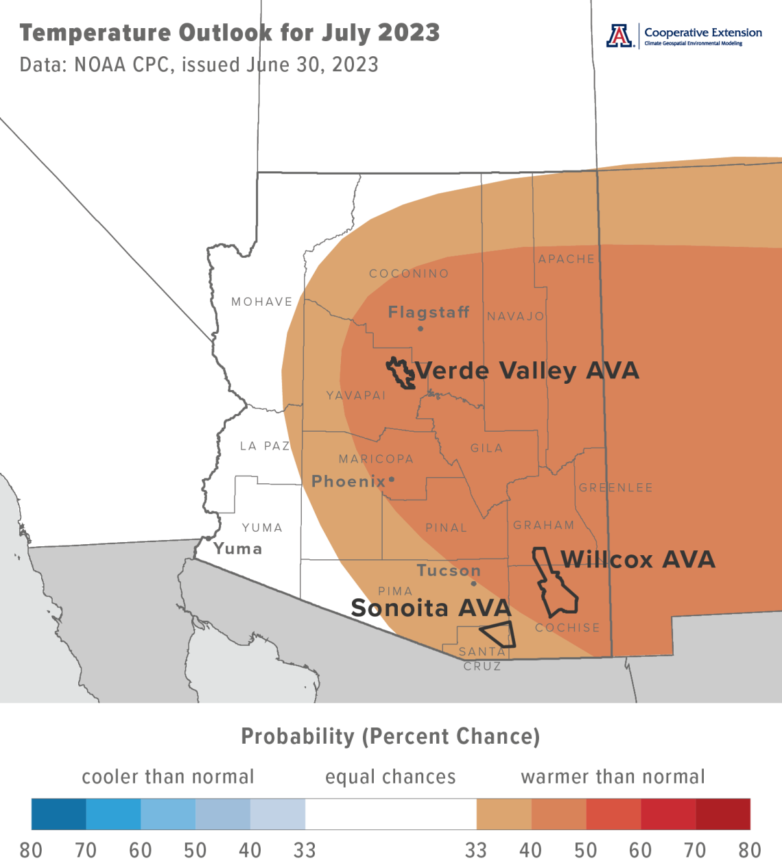 July 2023 temperature outlook map for Arizona
