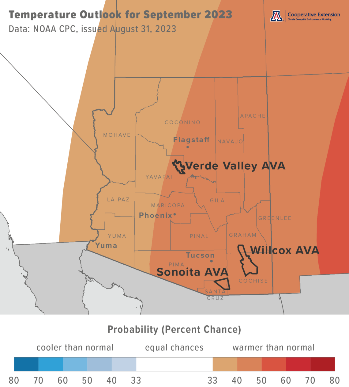 September 2023 temperature outlook map for Arizona