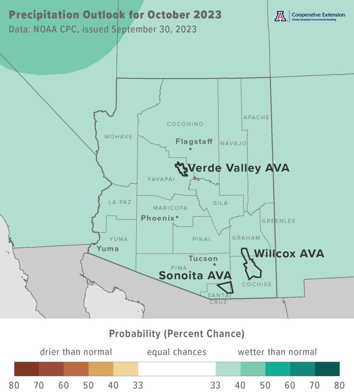 October 2023 precipitation outlook map for Arizona