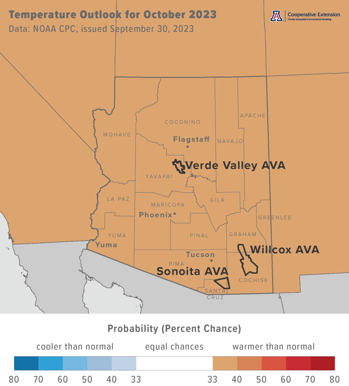 October 2023 temperature outlook map for Arizona