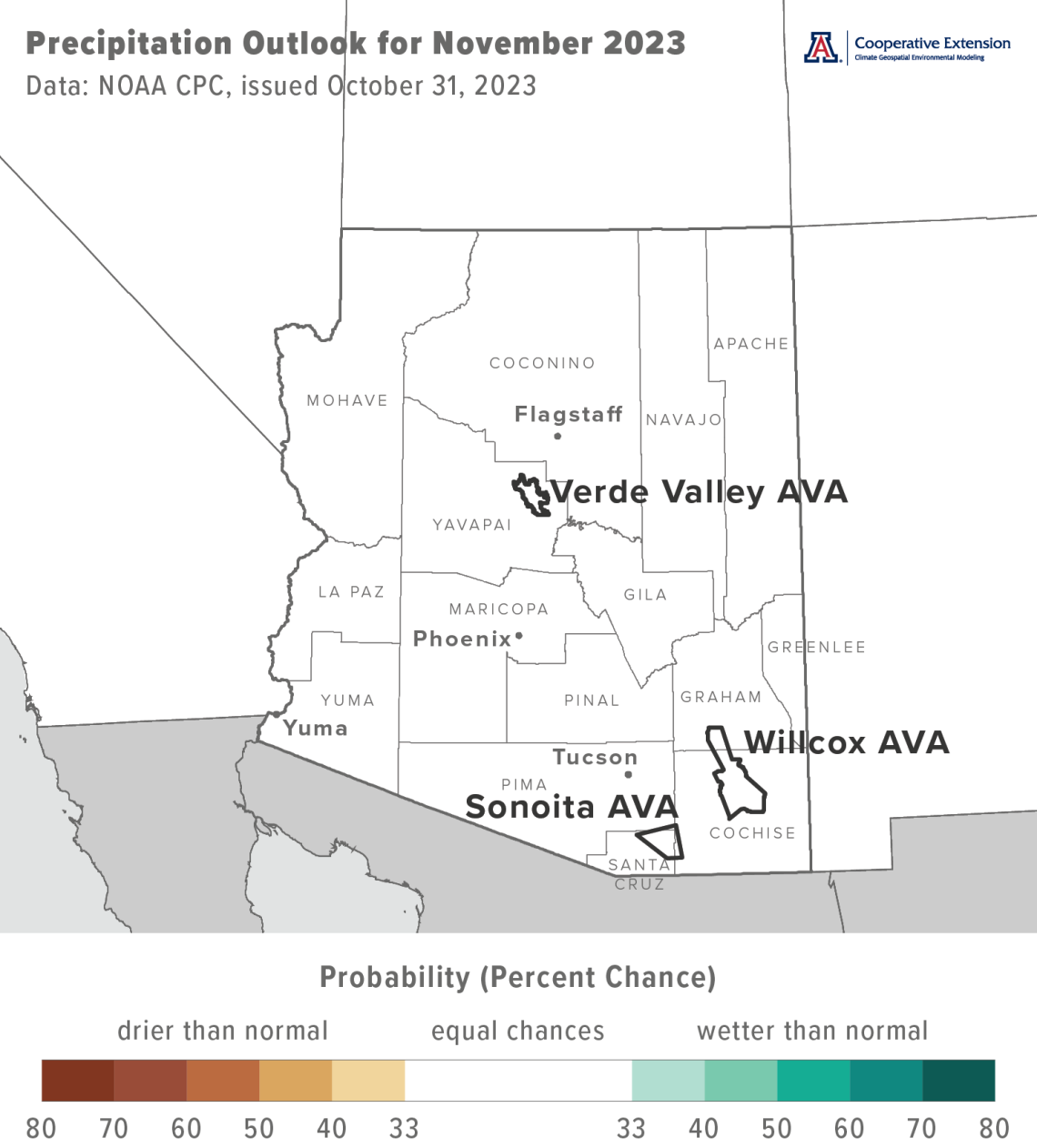November 2023 precipitation outlook map for Arizona