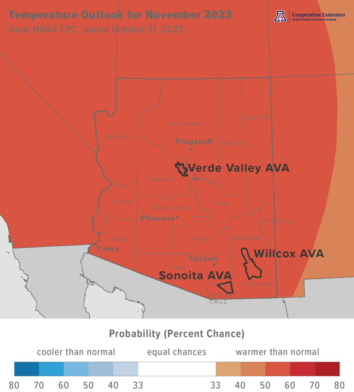 November 2023 temperature outlook map for Arizona