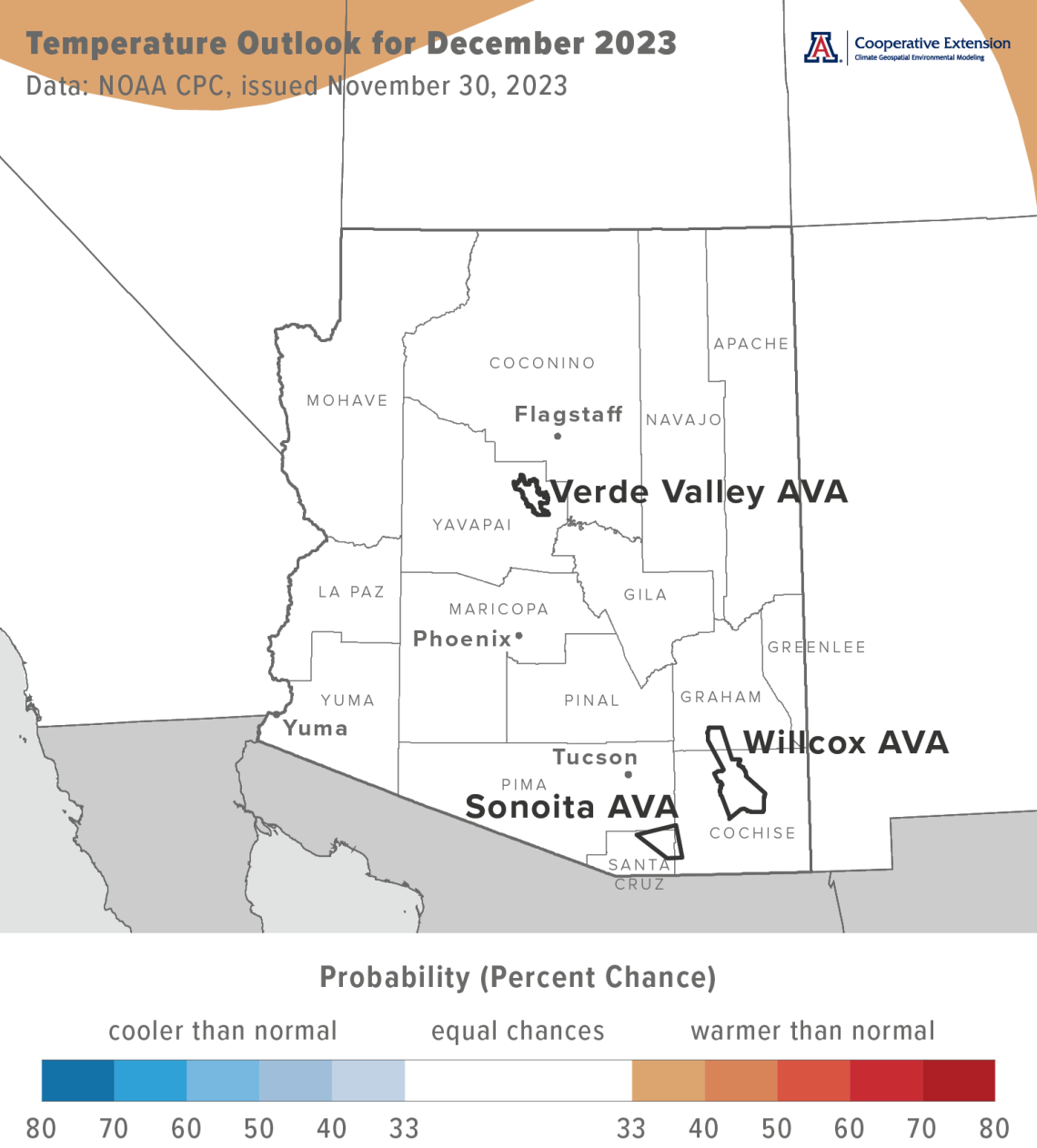December 2023 temperature outlook map for Arizona