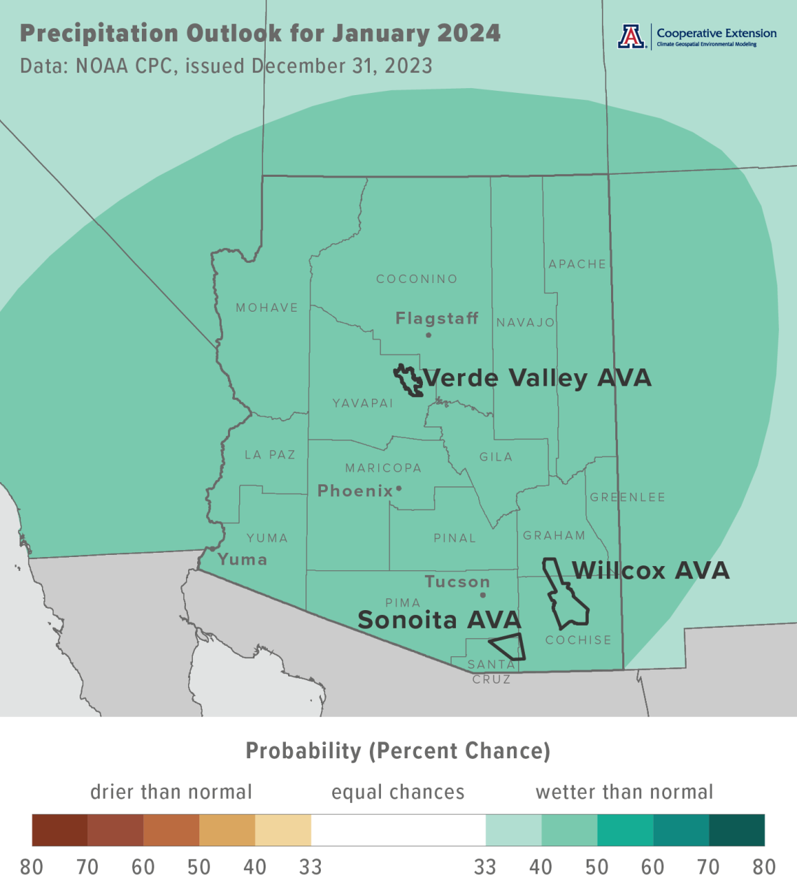 January 2024 precipitation outlook map for Arizona
