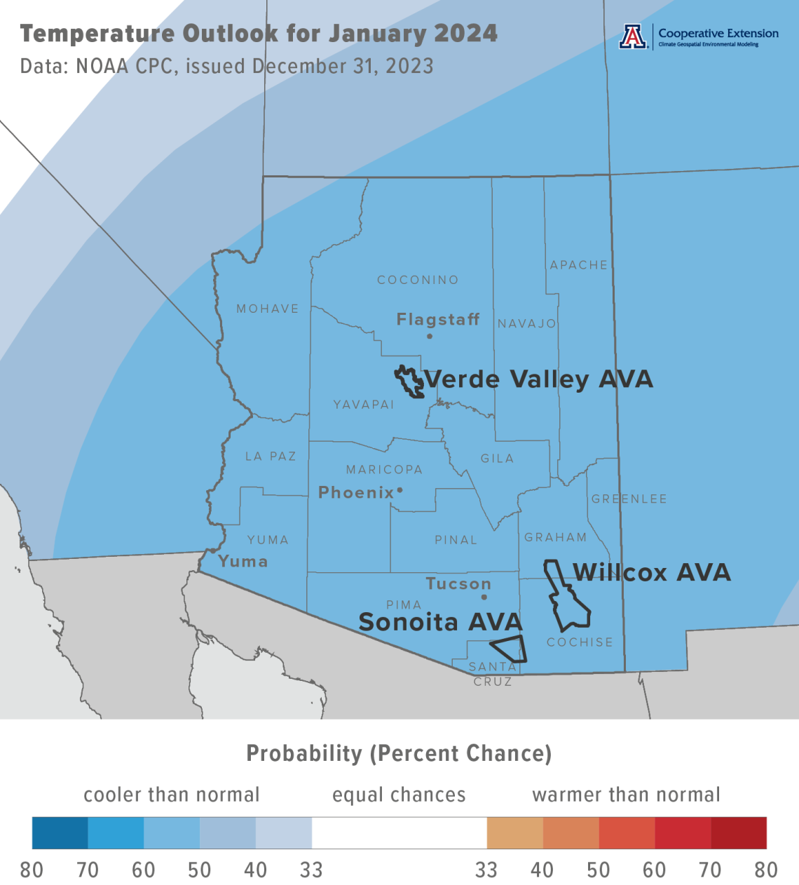 January 2024 temperature outlook map for Arizona