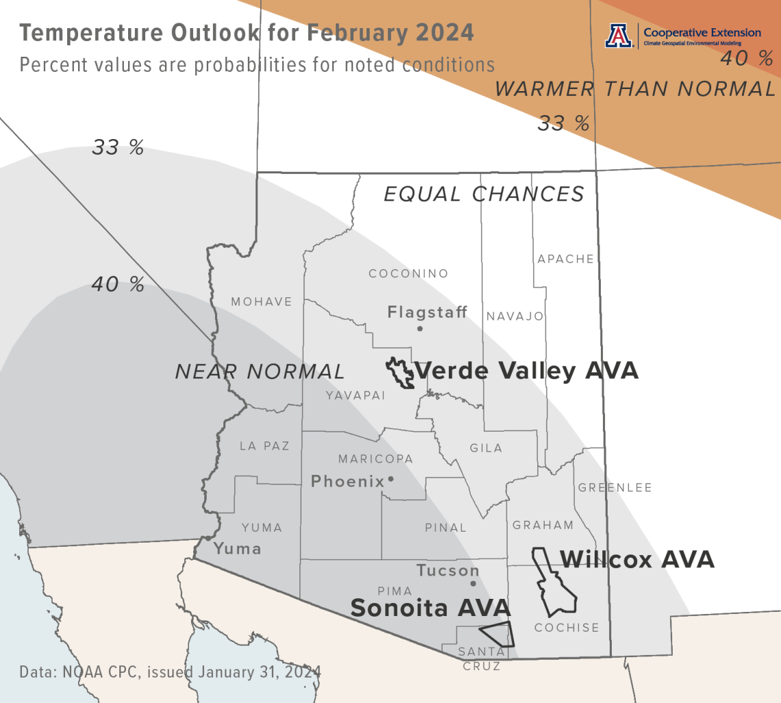 February 2024 temperature outlook map for Arizona