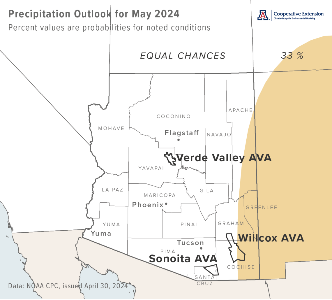 May 2024 precipitation outlook map for Arizona