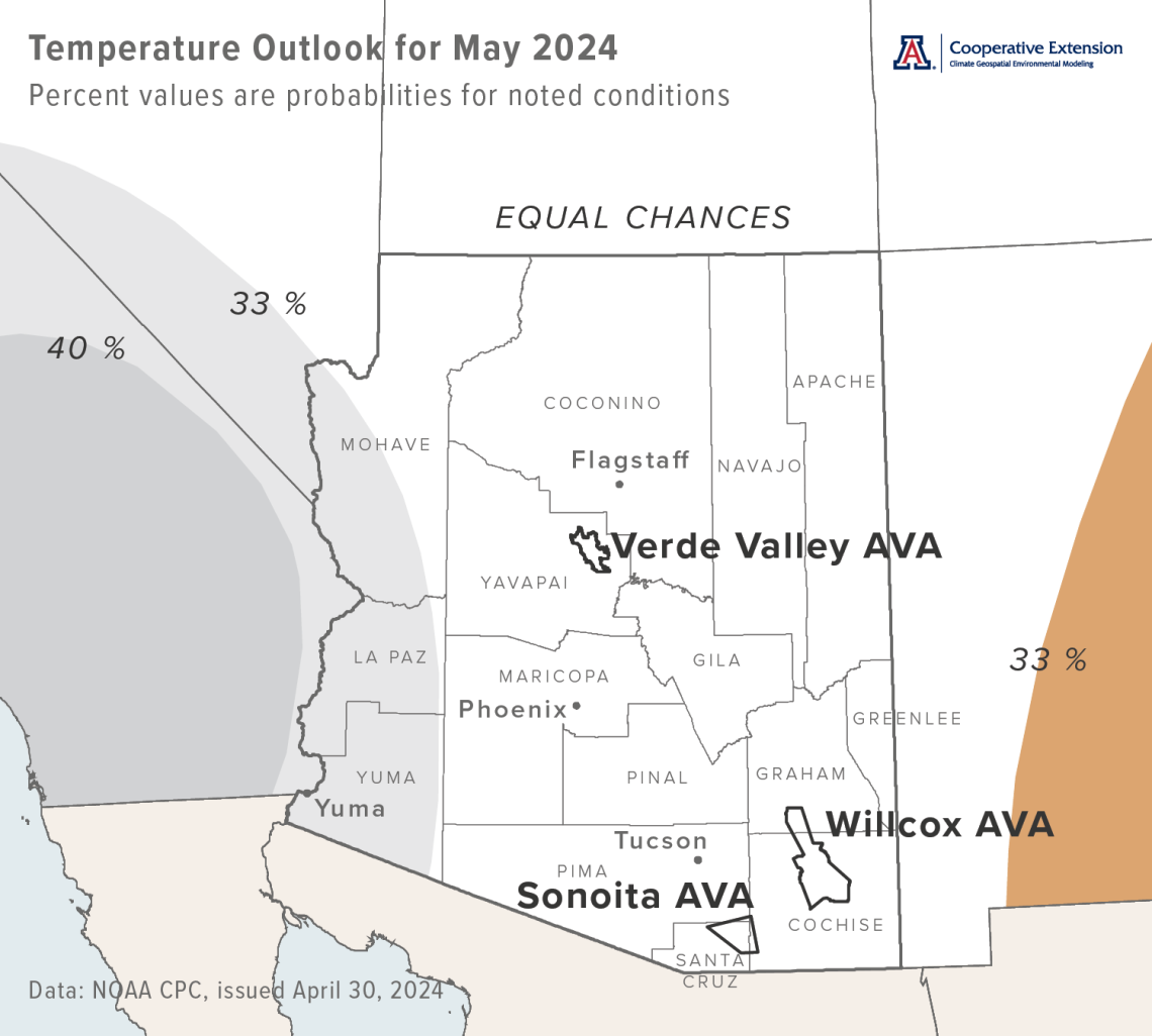 May 2024 temperature outlook map for Arizona