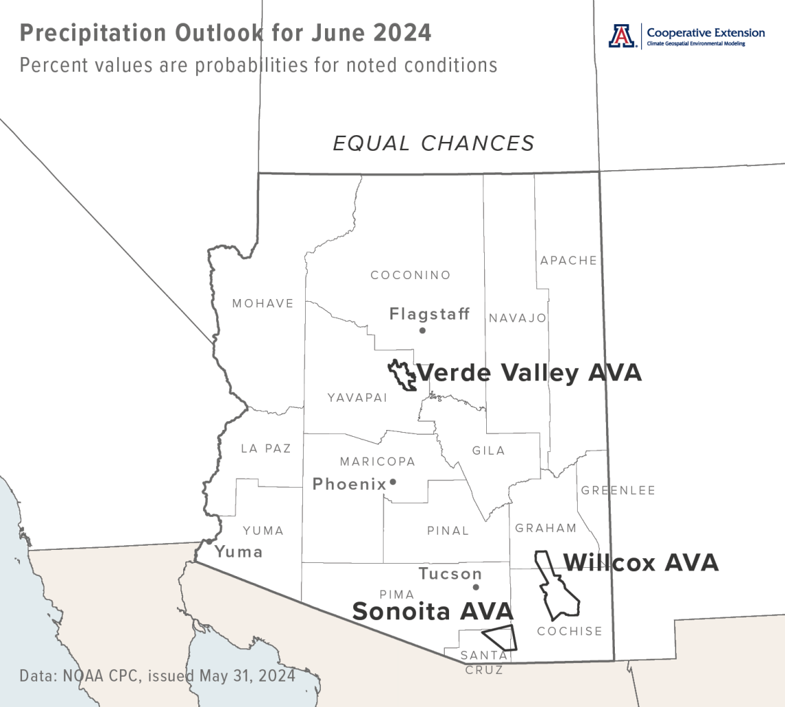 June 2024 precipitation outlook map for Arizona