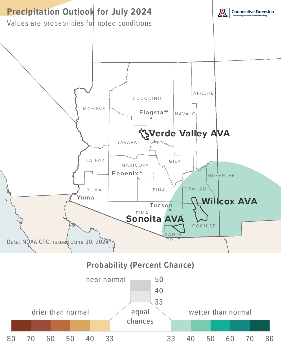 July 2024 precipitation outlook map for Arizona