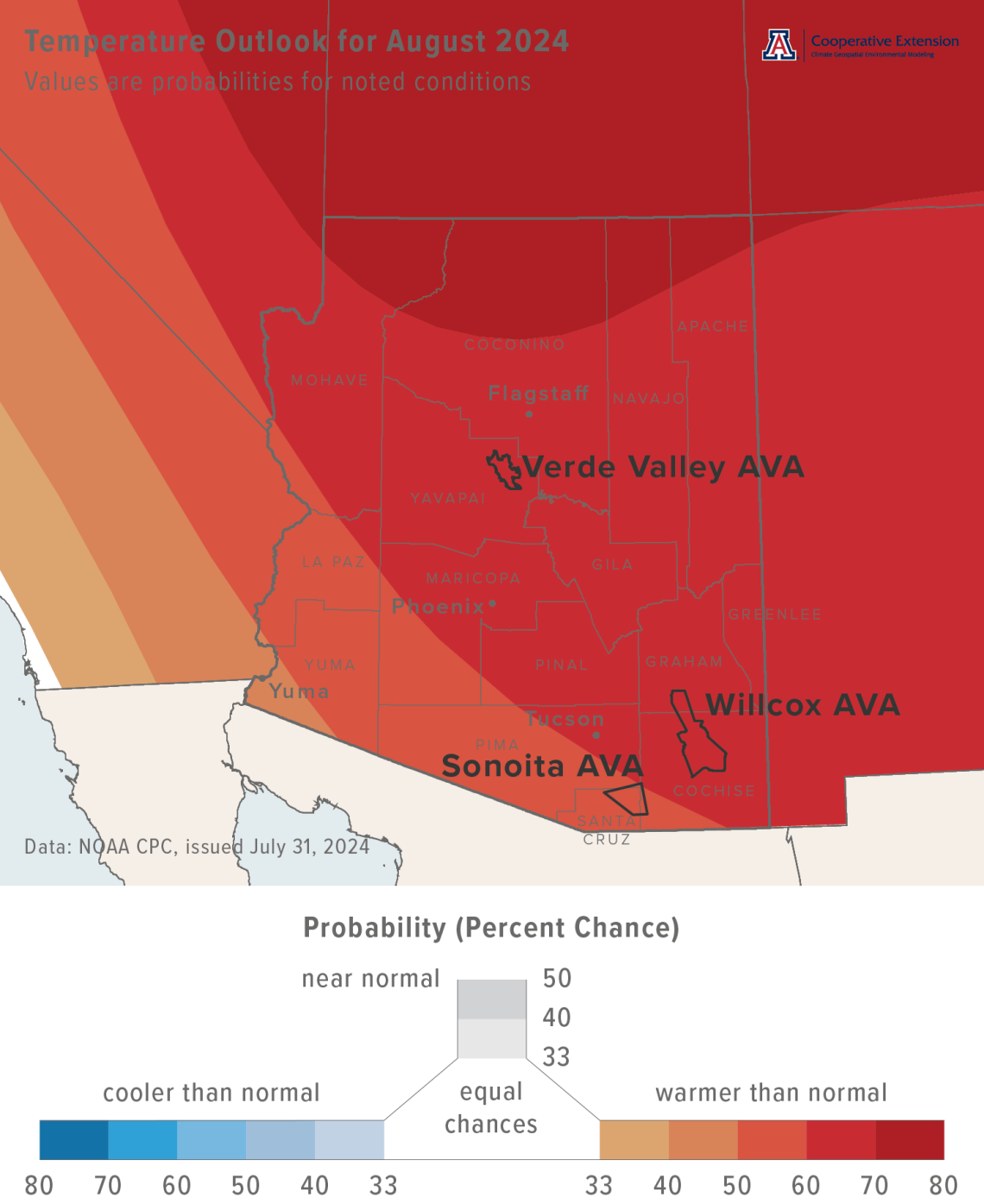 August 2024 temperature outlook map for Arizona