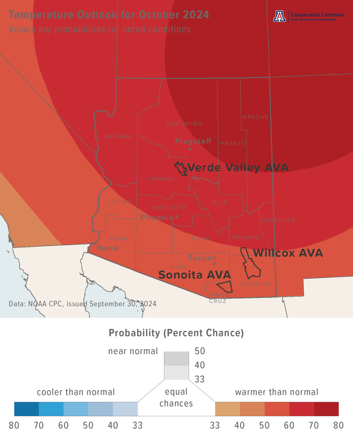 October 2024 temperature outlook map for Arizona