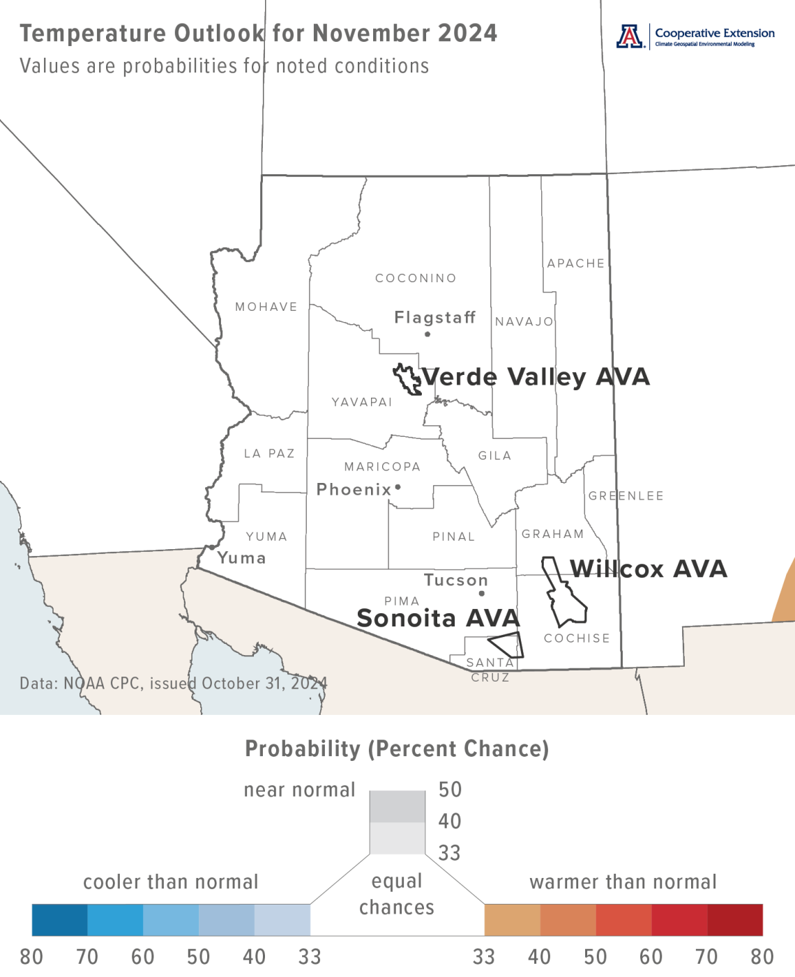 November 2024 temperature outlook map for Arizona