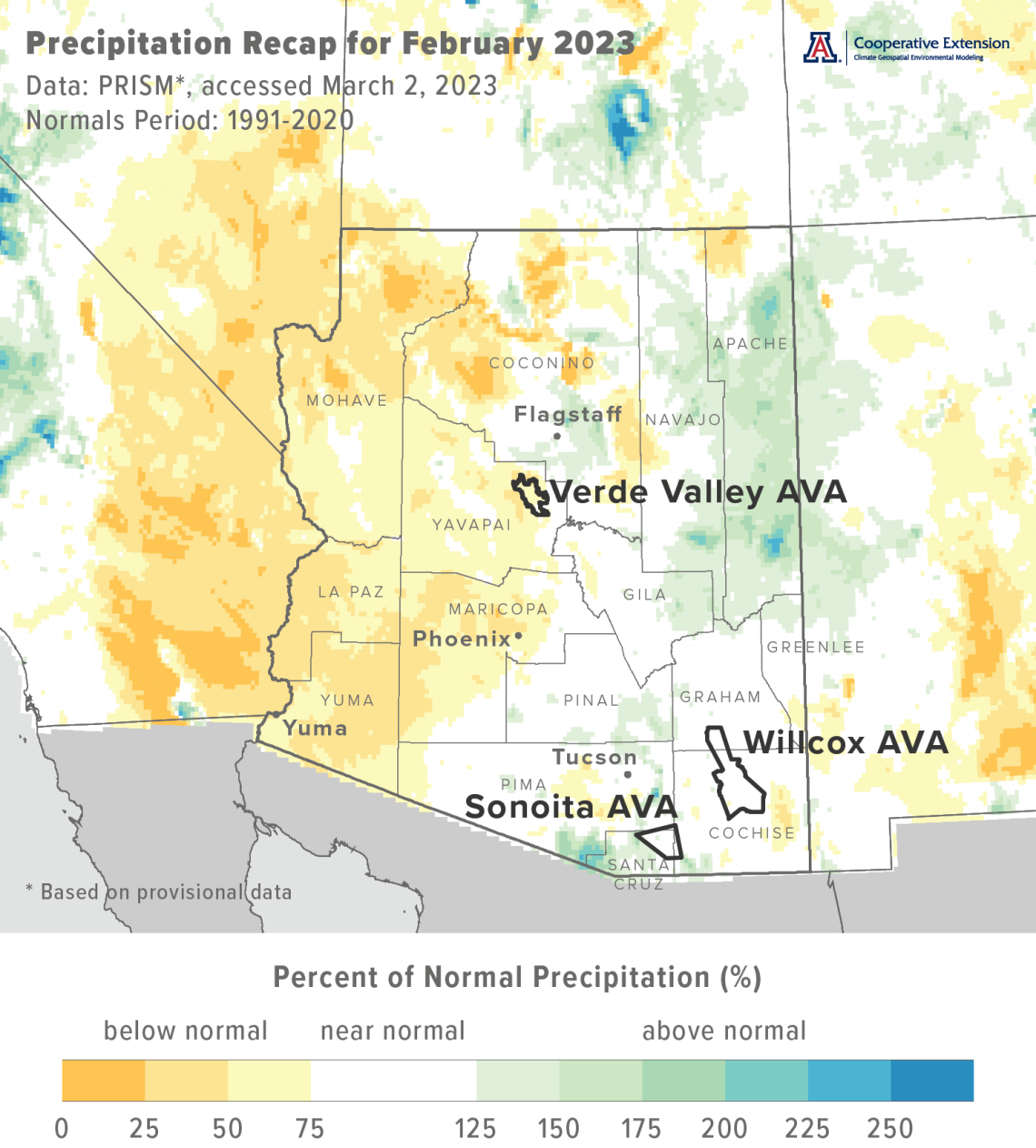February 2023 precipitation map for Arizona