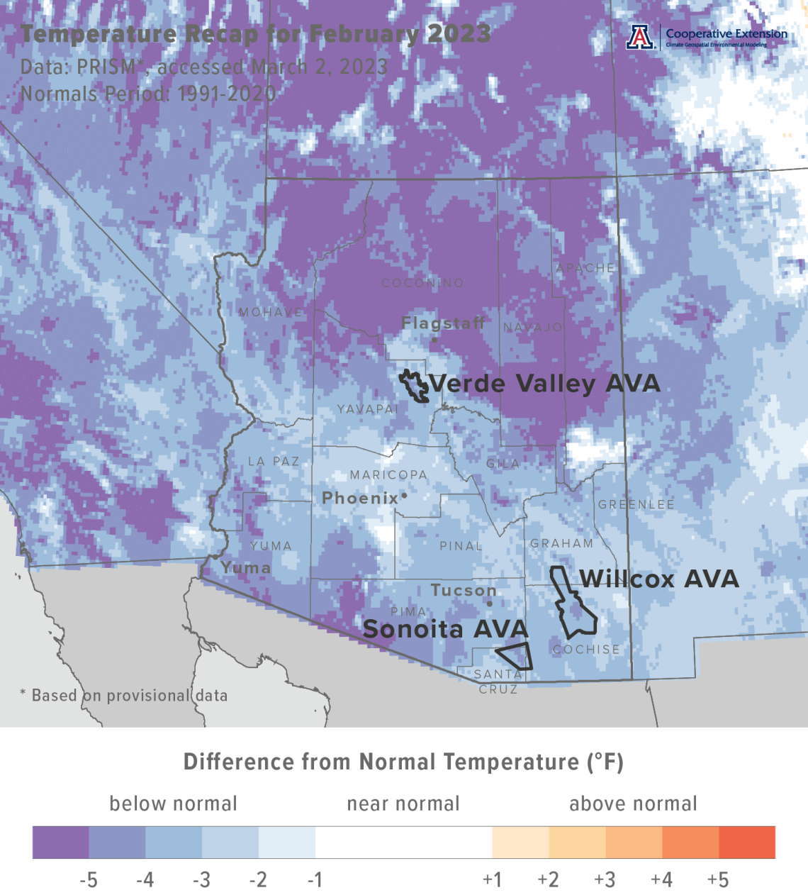 February 2023 temperature map for Arizona
