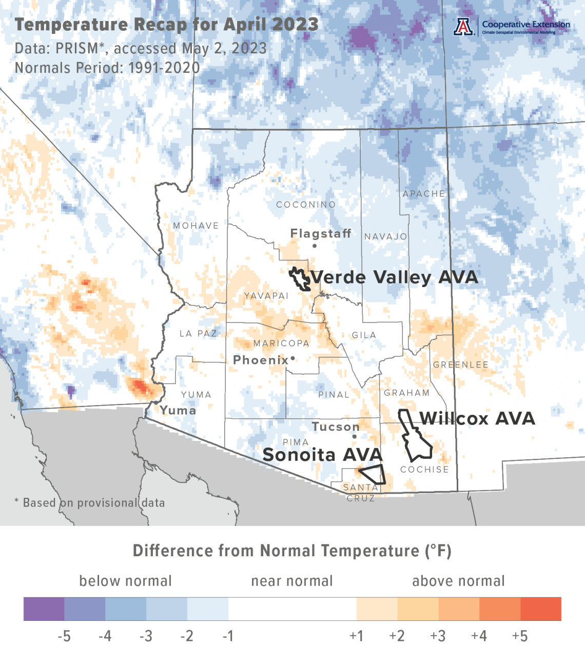 April 2023 temperature map for Arizona