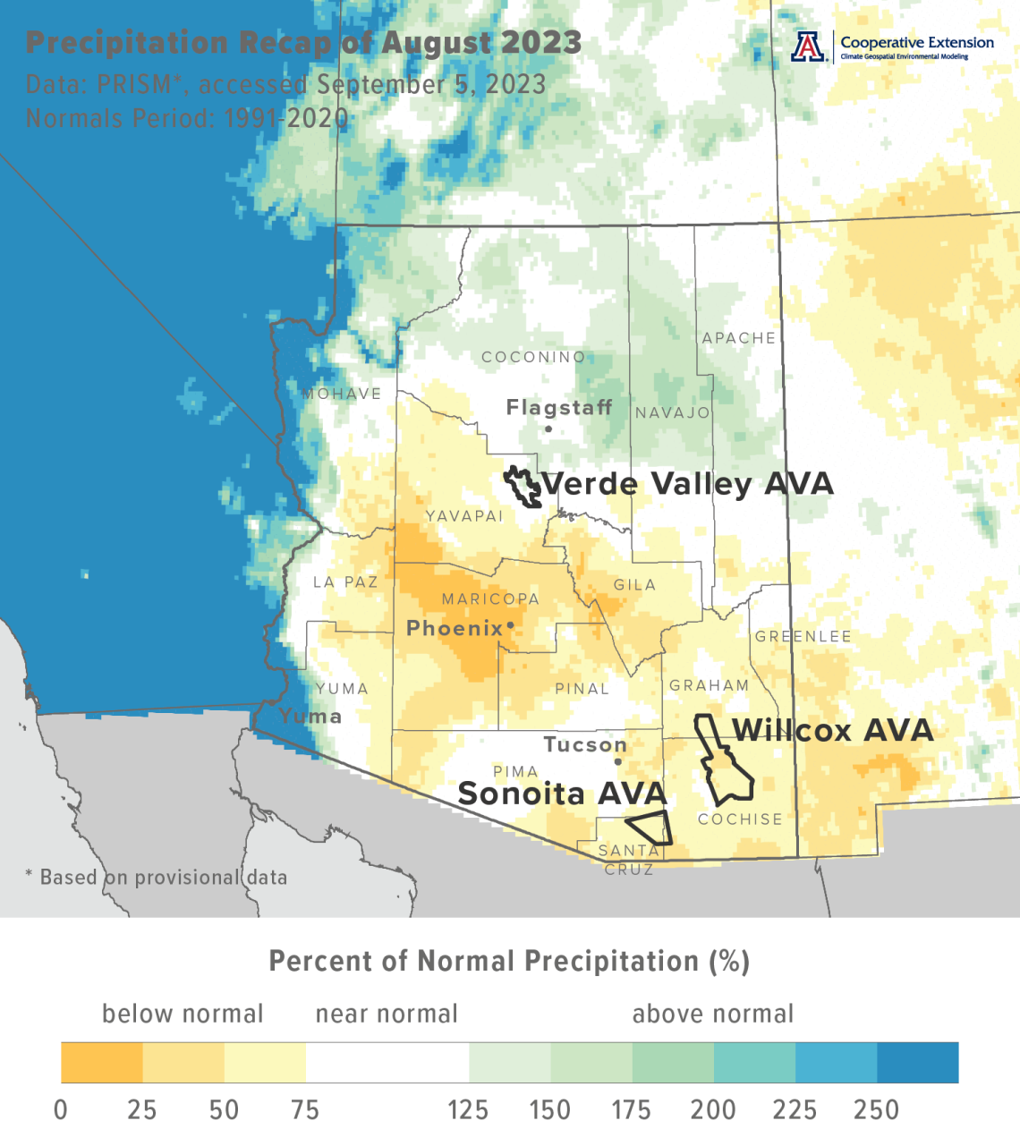 August 2023 precipitation map for Arizona