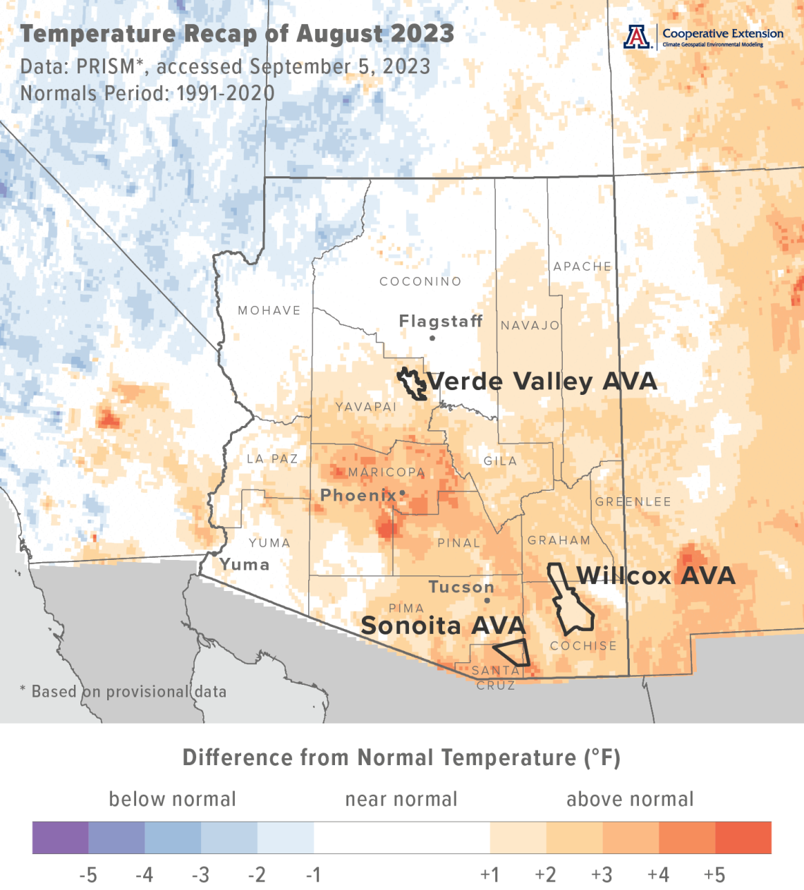 August 2023 temperature map for Arizona