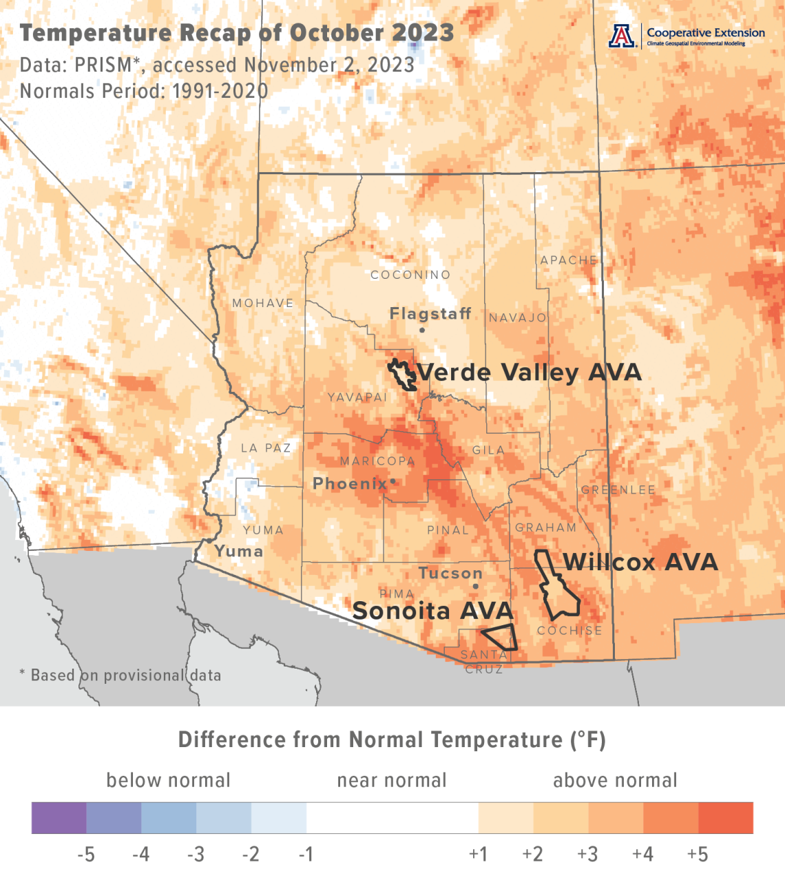 October 2023 temperature map for Arizona