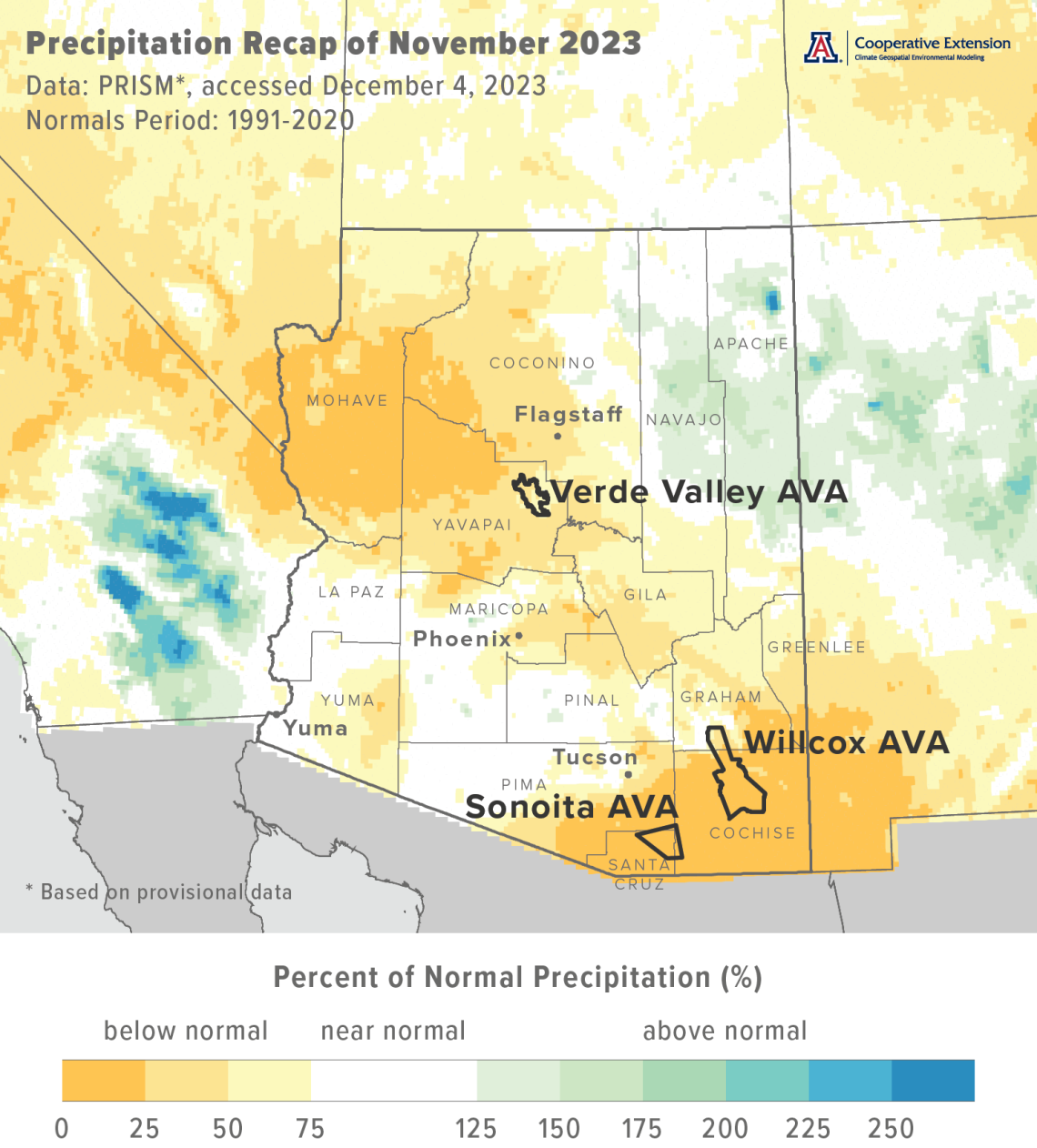 November 2023 precipitation map for Arizona