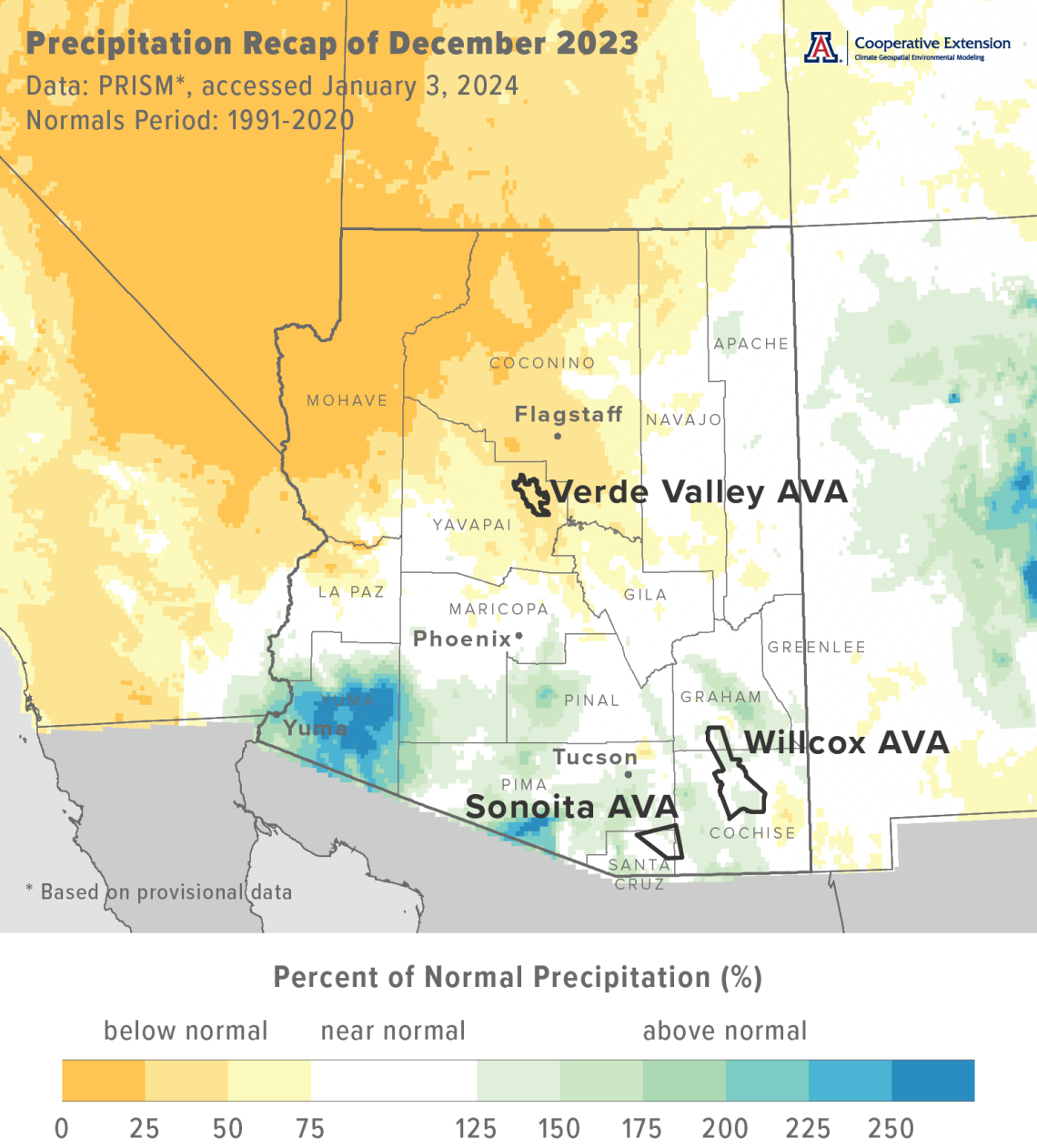 December 2023 precipitation map for Arizona