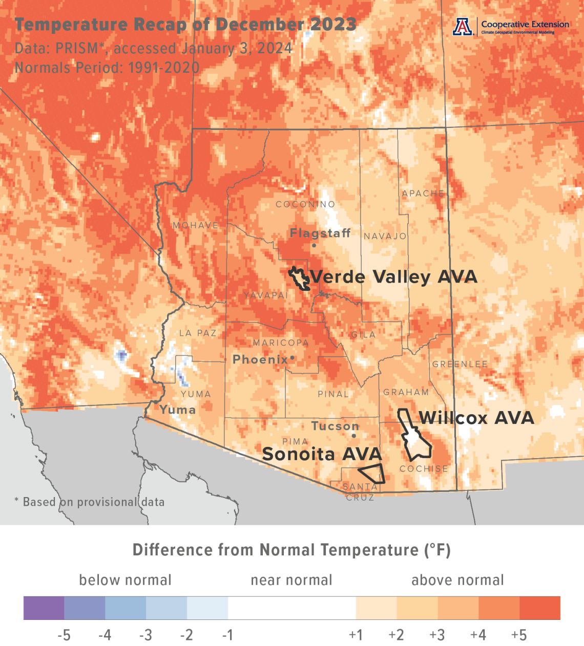 December 2023 temperature map for Arizona