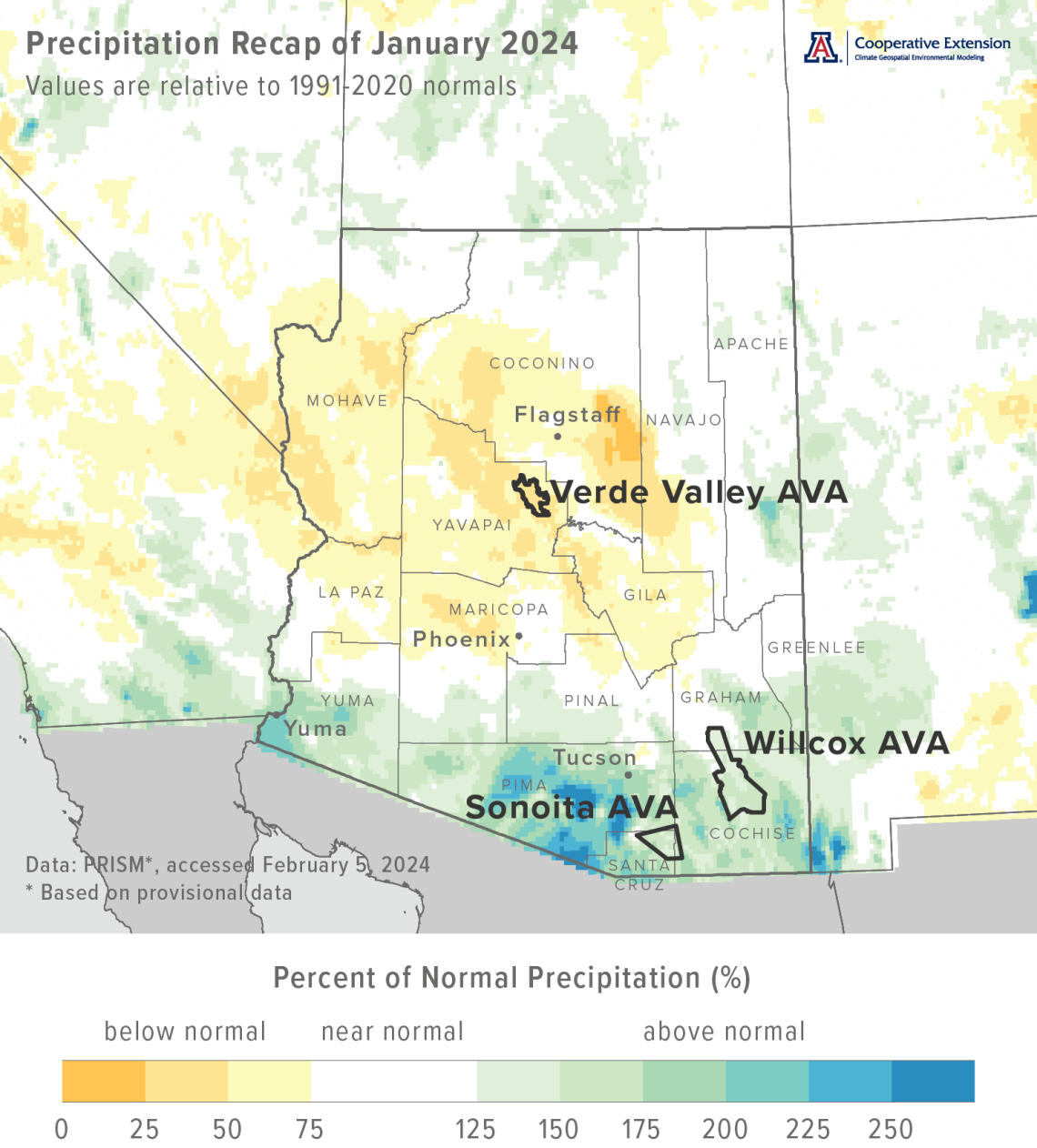 January 2024 precipitation map for Arizona