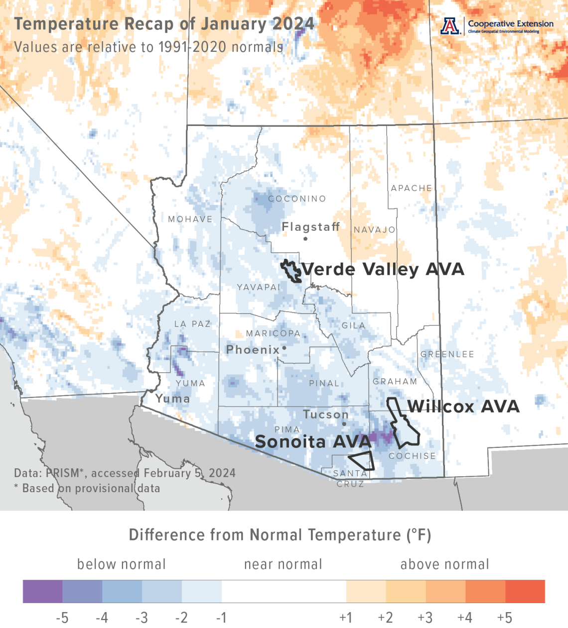 January 2024 temperature map for Arizona