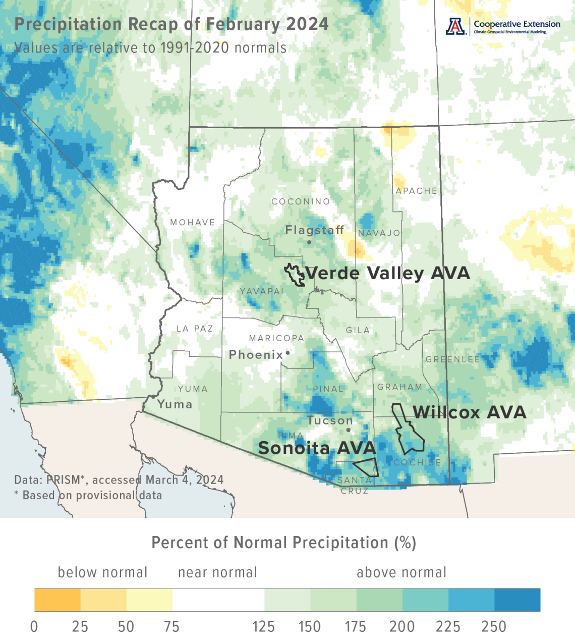 February 2024 precipitation map for Arizona